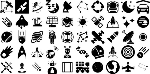 Huge Set Of Space Icons Pack Hand-Drawn Isolated Cartoon Elements Orange, Icon, Plan, Spaceship Logotype Isolated On White Background