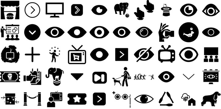 Massive Set Of Show Icons Set Hand-Drawn Black Cartoon Pictogram View, Entertainment, Vision, Icon Silhouettes Vector Illustration