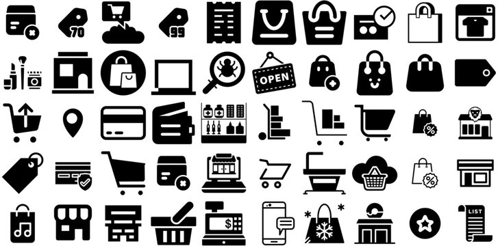 Massive Set Of Store Icons Pack Isolated Infographic Pictogram Symbol, Silhouette, Icon, Thin Glyphs For Apps And Websites
