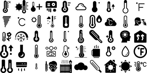 Massive Collection Of Temperature Icons Collection Hand-Drawn Solid Infographic Silhouettes Icon, Measurement, Low, Thermometer Glyphs Isolated On Transparent Background - obrazy, fototapety, plakaty