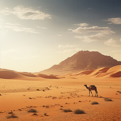 The bright sun is shining Landscape in the sands, camel of the desert