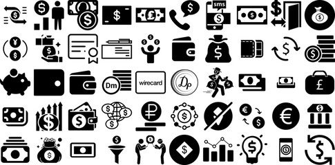 Big Set Of Money Icons Bundle Flat Vector Elements Finance, Coin, Silhouette, Goodie Symbols Isolated On Transparent Background