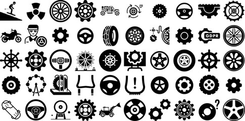 Massive Set Of Wheel Icons Set Hand-Drawn Solid Vector Signs Symbol, Icon, Tool, Wheel Pictogram Vector Illustration