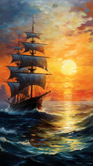 Obraz premium Ship in the sea oil painting. Fine art wallpaper.