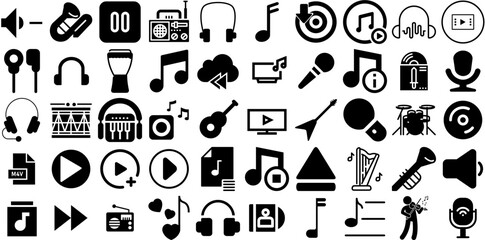 Huge Collection Of Music Icons Collection Hand-Drawn Solid Simple Pictogram Singer, Tool, Entertainment, Speaker Graphic Isolated On Transparent Background - obrazy, fototapety, plakaty