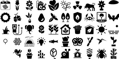 Mega Collection Of Nature Icons Bundle Solid Concept Silhouettes Set, Line, Blossom, Cactus Element Vector Illustration