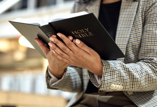 Hands, bible and person with reading, religion and faith with knowledge, learning and studying God. Priest, book and focus for spiritual wisdom, information and mindset for Christianity with peace