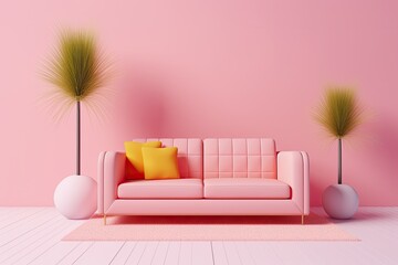A pleasant home concept with an artificial plant on the left, a pink sofa with fluffy pink cushions, and a colorful wall background.
