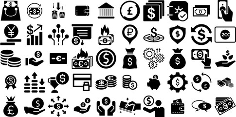 Big Collection Of Money Icons Set Hand-Drawn Isolated Design Symbol Goodie, Silhouette, Coin, Finance Graphic Isolated On White - obrazy, fototapety, plakaty