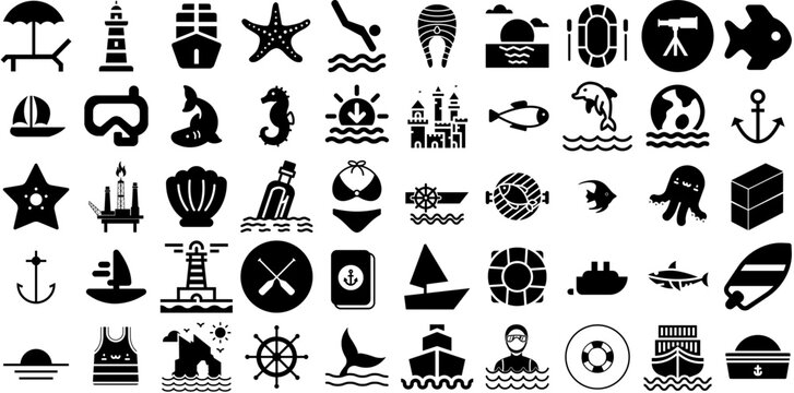 Massive Collection Of Sea Icons Set Flat Infographic Symbol Icon, Tortoise, Creature, Anchor Pictograph Isolated On White