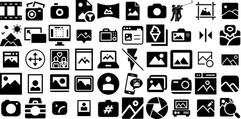 Big Set Of Picture Icons Pack Flat Infographic Symbol Symbol, Icon, Music, Photo Camera Buttons Isolated On Transparent Background
