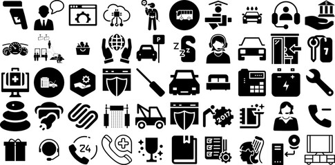 Mega Collection Of Service Icons Set Black Infographic Symbols Finance, Tool, Hosting, Level Symbols Isolated On White Background