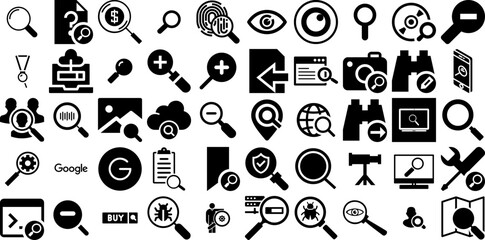 Big Collection Of Search Icons Set Hand-Drawn Black Simple Clip Art People, Vision, Find, Set Illustration Vector Illustration