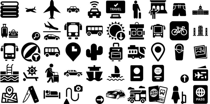 Massive Set Of Travel Icons Set Hand-Drawn Isolated Drawing Pictogram Yacht, Photo Camera, Silhouette, Pointer Glyphs Vector Illustration