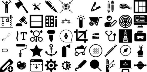 Massive Collection Of Tool Icons Pack Solid Design Elements Tool, Engineering, Trimming, Set Pictogram Isolated On Transparent Background