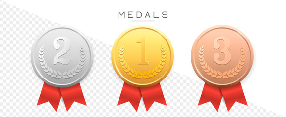 Gold, Silver, Bronze medals set Vector. Metal realistic badge with First, Second, Third placement Achievement. Round Label With Red Ribbon. Winner Prize. Competition Trophy - obrazy, fototapety, plakaty