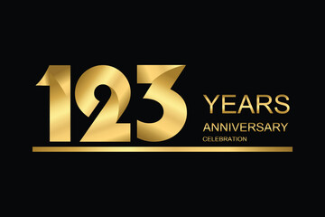 123 year anniversary vector banner template. gold icon isolated on black background.