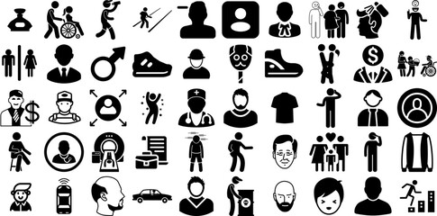 Huge Set Of Man Icons Collection Linear Design Pictogram Profile, Silhouette, Carrying, Workwear Pictograph Isolated On White Background - obrazy, fototapety, plakaty