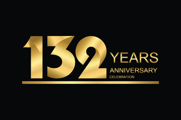 132 year anniversary vector banner template. gold icon isolated on black background.