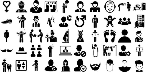 Huge Collection Of Man Icons Set Hand-Drawn Solid Drawing Pictogram Silhouette, Profile, Workwear, Carrying Silhouette For Computer And Mobile
