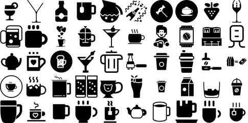 Mega Set Of Drink Icons Set Black Drawing Symbols Milk, Infographic, Sweet, Set Glyphs Isolated On White Background