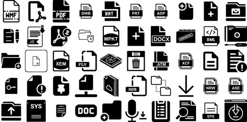 Big Set Of File Icons Set Solid Design Signs Set, Page, Extension, App Pictogram Isolated On Transparent Background