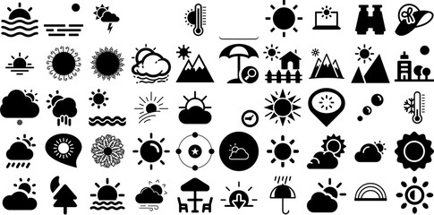 Mega Collection Of Sun Icons Bundle Hand-Drawn Black Infographic Signs Mark, Sweet, Hand-Drawn, Set Silhouettes Isolated On Transparent Background
