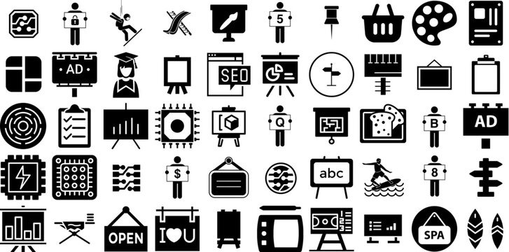 Huge Set Of Board Icons Set Isolated Infographic Elements Brain, Surfer, Border, Icon Symbols Isolated On Transparent Background