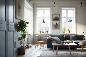 Modern design interior hotel with big window. Generative AI