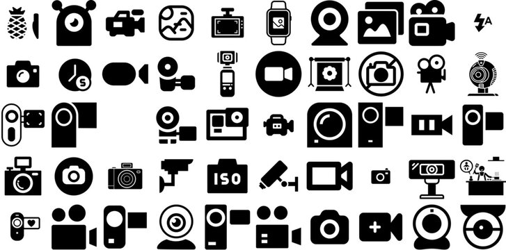 Huge Collection Of Camera Icons Collection Hand-Drawn Isolated Design Pictogram Tool, Camcorder, Silhouette, Photo Camera Doodle Isolated On Transparent Background