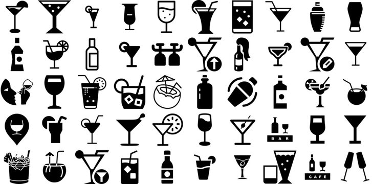 Massive Set Of Cocktail Icons Pack Solid Design Pictograms Wine, Icon, Ales, Cocktail Signs For Computer And Mobile