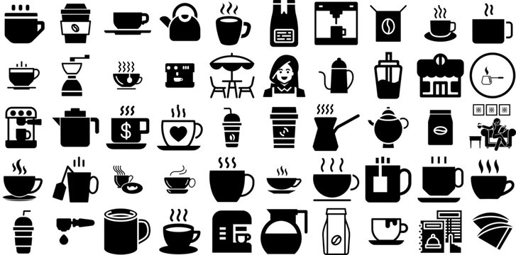 Huge Set Of Coffee Icons Pack Black Infographic Pictograms Tea, Set, Icon, Fast Food Doodle Isolated On Transparent Background