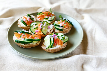 Open sandwiches with smoked salmon, cream cheese and sliced cucumber. Summer bruschetta appetizer ideas. Healthy eating.