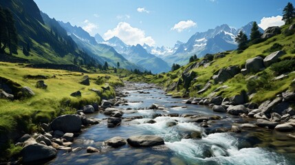 Naklejka na ściany i meble A river running through a valley with mountain. Generative AI.