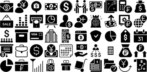 Huge Set Of Financial Icons Collection Solid Drawing Pictogram Coin, Decrease, Symbol, Icon Pictograph Isolated On White Background