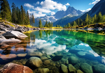 Mountain lake with crystal clear water and reflection of mountains in the water. High quality photo