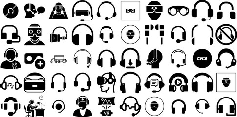 Massive Set Of Headset Icons Collection Hand-Drawn Linear Modern Clip Art Silhouette, Music, Icon, Hot Line Element Vector Illustration - obrazy, fototapety, plakaty