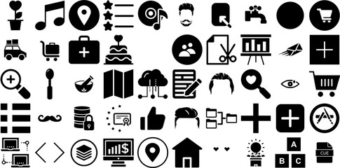 Huge Collection Of Icon Icons Set Flat Infographic Pictograms Tool, Patio, Engineering, Biker Illustration Isolated On Transparent Background