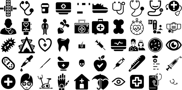 Mega Collection Of Health Icons Bundle Hand-Drawn Isolated Cartoon Pictogram Silhouette, Set, Cardiac, Patient Element Isolated On Transparent Background