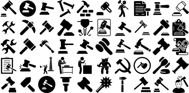 Huge Set Of Hammer Icons Set Black Simple Silhouettes Finance, Tool, Wrench, Icon Doodle For Computer And Mobile