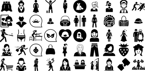 Massive Set Of Lady Icons Set Hand-Drawn Solid Simple Web Icon Happy, Icon, Lady, Female Symbols Isolated On White Background