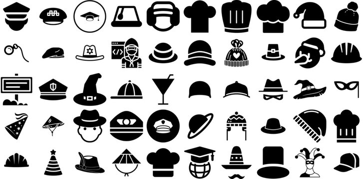 Massive Set Of Hat Icons Collection Flat Simple Pictograms Birthday, Contractor, Toque, Icon Illustration Isolated On White
