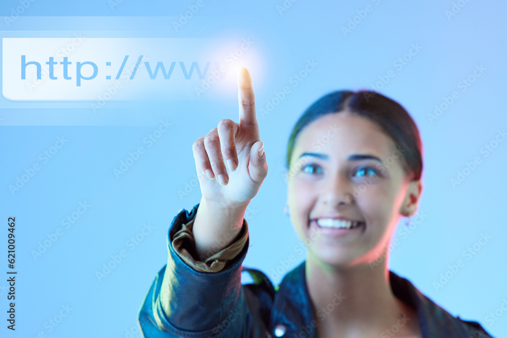 Poster Hologram, futuristic and woman typing, link and connection against a blue studio background. Female person, employee or holographic with data analytics, cloud computing or programming with url or web