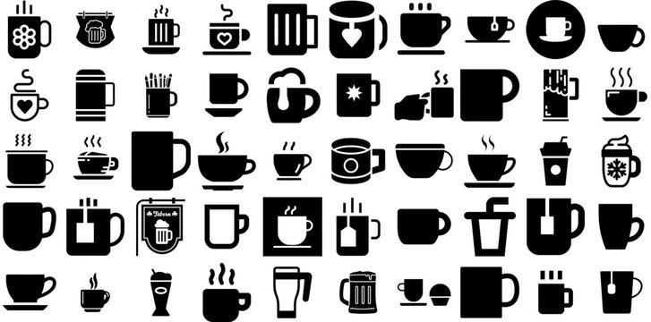 Huge Set Of Mug Icons Pack Isolated Modern Silhouette Coffee Cup, Outline, Icon, Pint Pictograms Vector Illustration