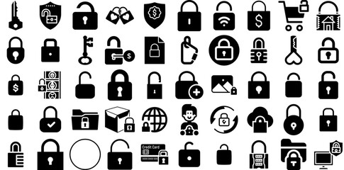 Big Set Of Padlock Icons Bundle Solid Simple Pictogram Open, Mark, Icon, Security Elements For Apps And Websites