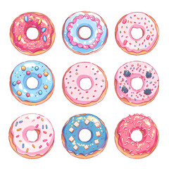 Fototapeta premium Set of cartoon colorful donuts isolated, Top View Doughnuts collection into glaze for menu design, cafe decoration, delivery box. vector illustration in flat style, Hand drawn style