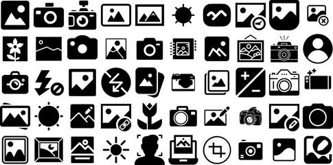 Mega Collection Of Photo Icons Set Black Drawing Elements Holiday Maker, Icon, Ok, Silhouette Doodle Isolated On White