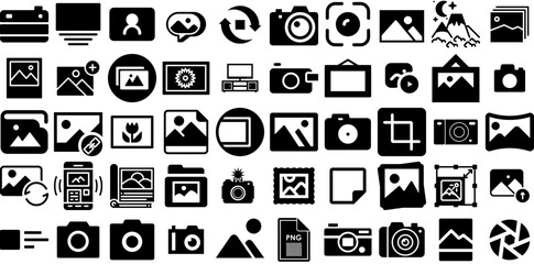 Huge Collection Of Picture Icons Set Hand-Drawn Black Modern Symbols Music, Symbol, Icon, Photo Camera Clip Art Isolated On White Background