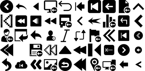 Mega Collection Of Previous Icons Collection Isolated Infographic Silhouettes Backward, Back, Arrow, Previous Signs Isolated On White Background