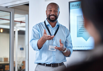 Corporate, black man and leader with presentation, planning and discussion with communication. Male...